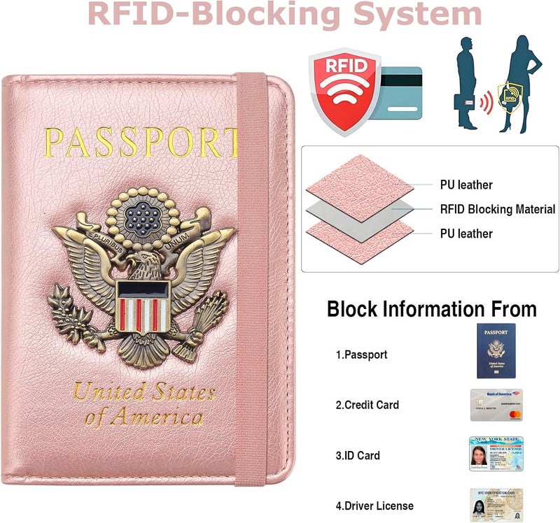 FACATH Passport Holder for Travel Passport Cover for Men Passport Wallet Case with Metal Badge Protector Leather Card Case RFID Blocking Women Travel Accessories Document Organizer (Rose Gold) - Image 2